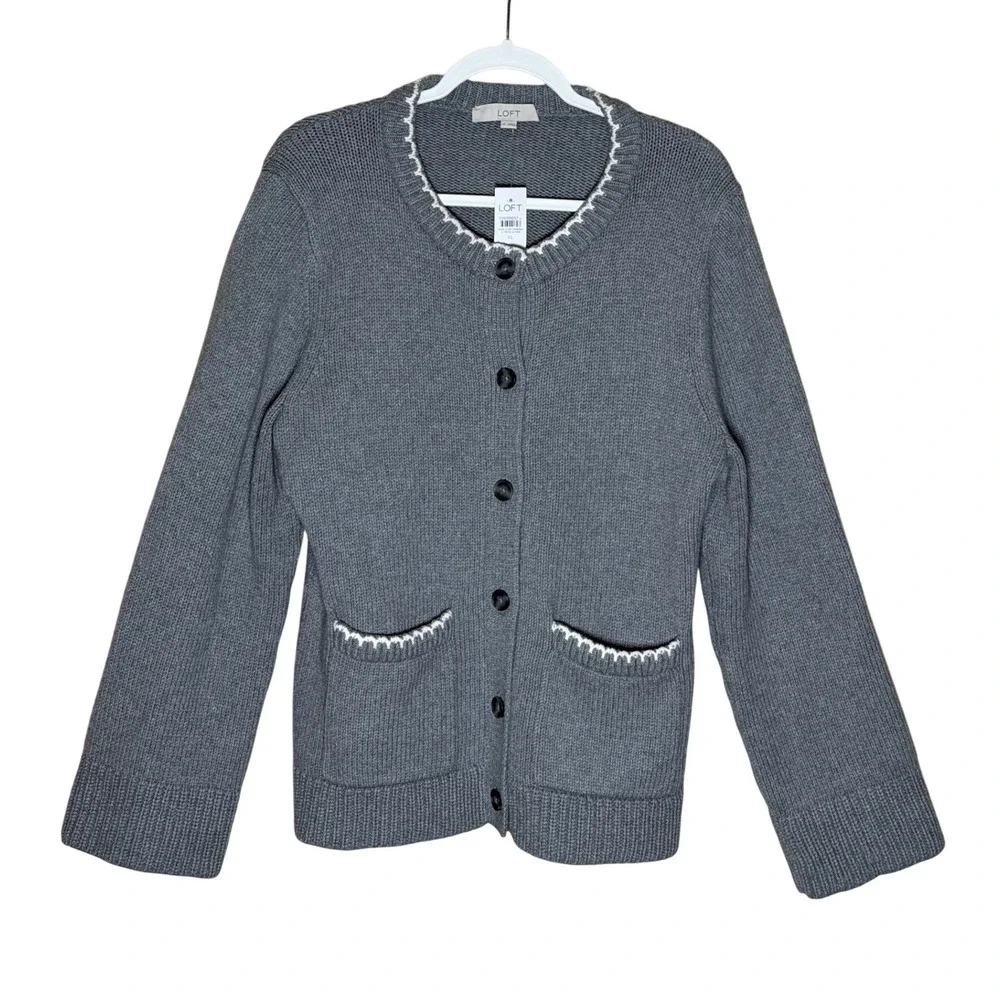 LOFT Gray Button Front Cardigan XL NWT Scalloped Trim Pockets Sweater